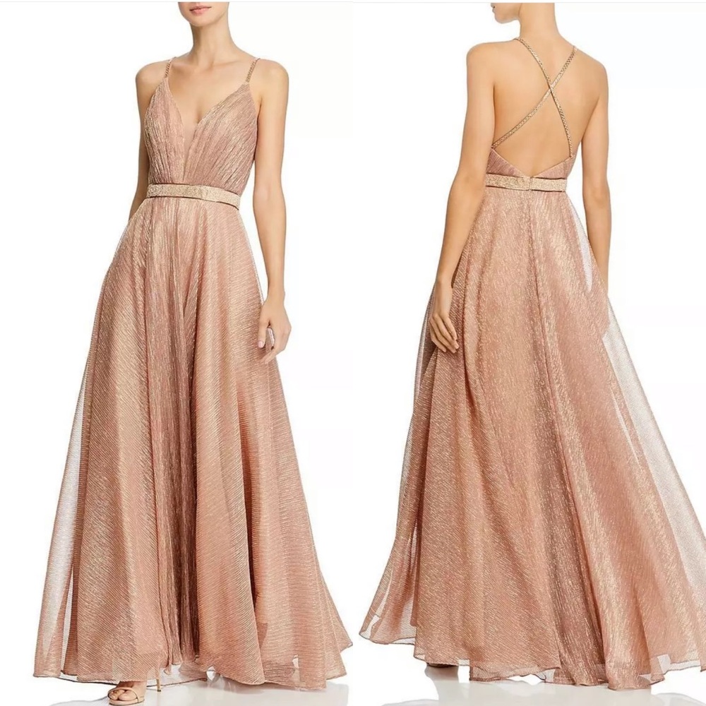 AQUA Metallic Pleated Evening Gown